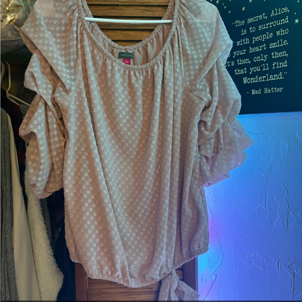 Vince Camuto Blush Checkered Ruffle Sleeve Blouse